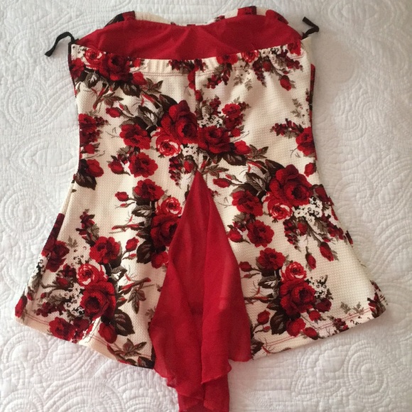 Beige W/ Red Roses Strapless Top - Picture 2 of 5